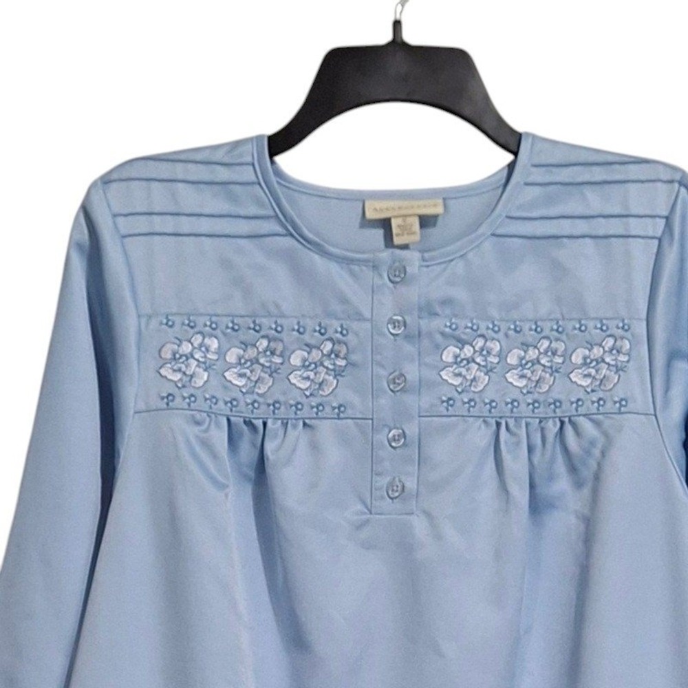 Appleseeds Nightgown Small Blue Floral Embroidery Pintuck Long Sleeve Midi Sleep